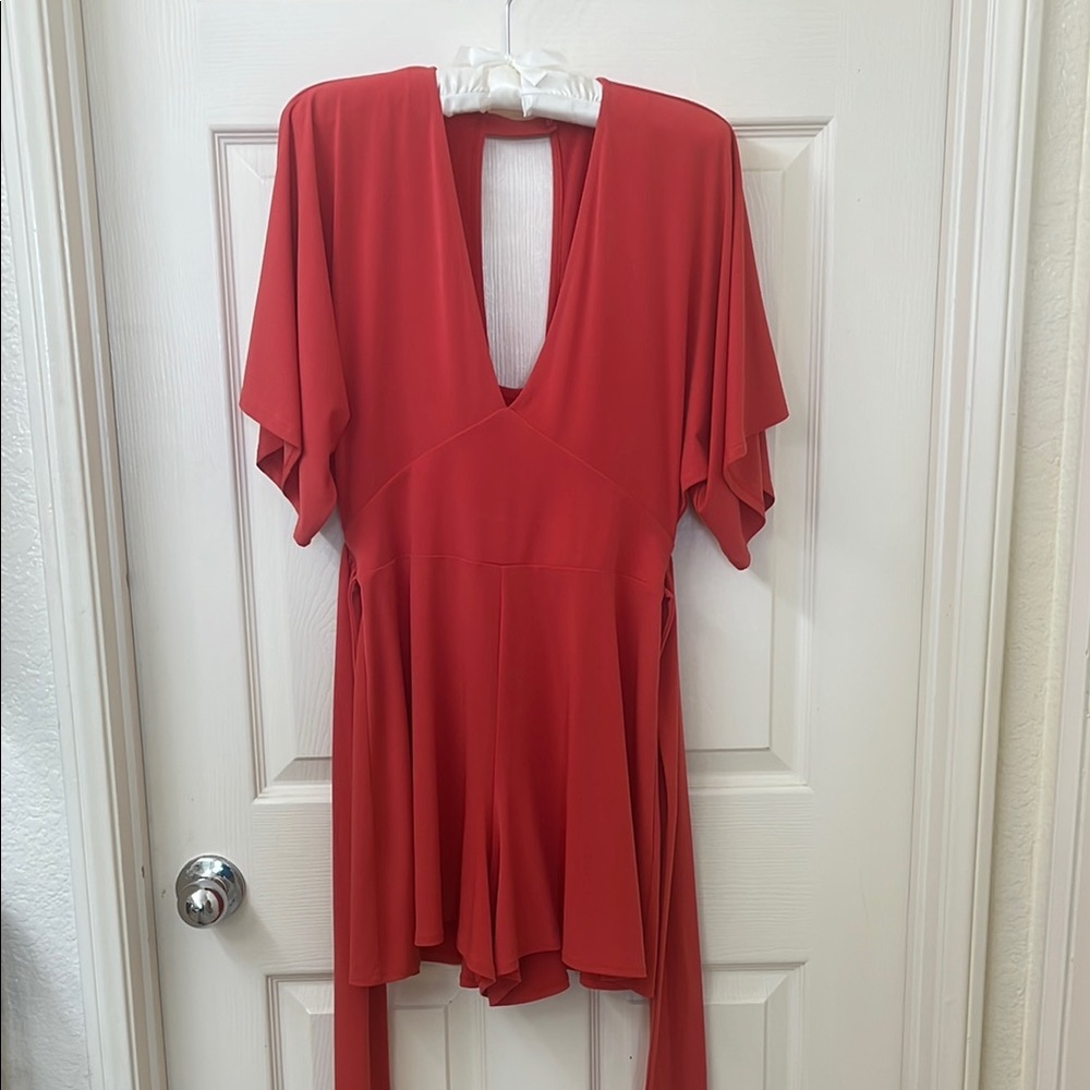 Express Red V-Neck Jumpsuit with Flowy Sleeves